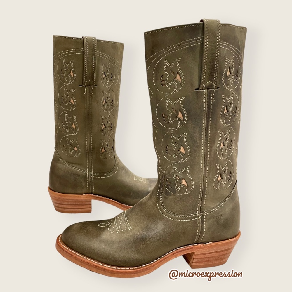 VINTAGE 1980 Frye Austin Sage Green Real Leather Floral Embroidered Cowboy Boot - Picture 14 of 14